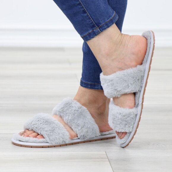 Grey Puff Fuzzy Furry Fluffy Slip On Plush Slippers Double Strap - Picture 11 of 13
